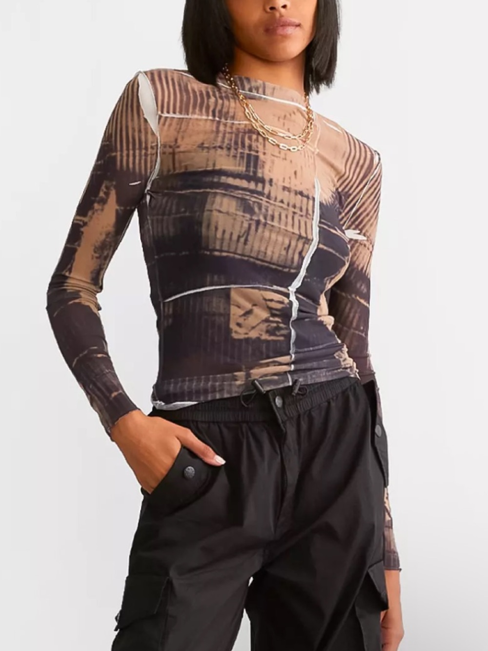 Buckle Sheer Long-Sleeve Abstract Printed Top in Brown/Black